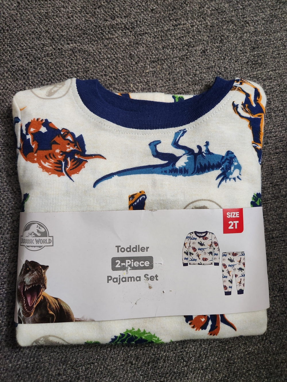 White Toddler 2-Piece Pajama Set with Blue & Orange Dinosaurs For Boys Size 2T